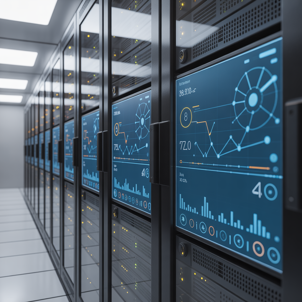 A sleek glowing modern server rack diagnostic interface showing charts and metrics, datacenter environment, depth of field